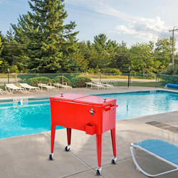 Drikkekøletaske 76 L metal rød med hjul flaskeåbner til udendørs arrangementer