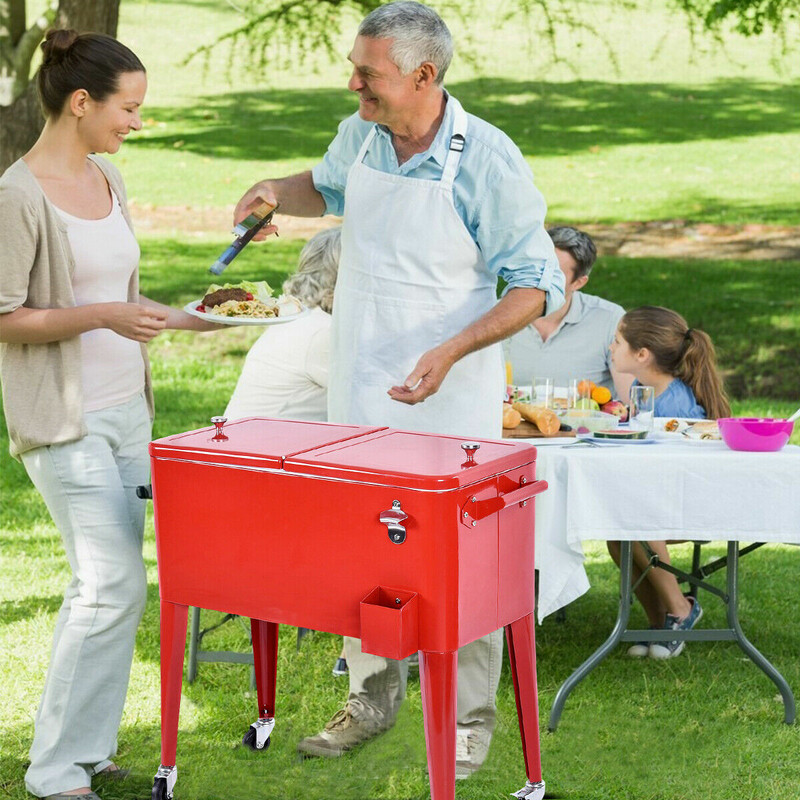 Drikkekøletaske 76 L metal rød med hjul flaskeåbner til udendørs arrangementer