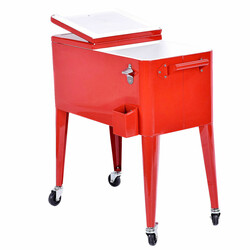 Drikkekøletaske 76 L metal rød med hjul flaskeåbner til udendørs arrangementer