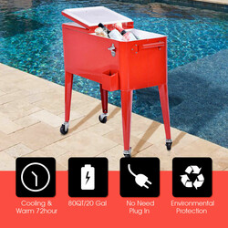 Drikkekøletaske 76 L metal rød med hjul flaskeåbner til udendørs arrangementer