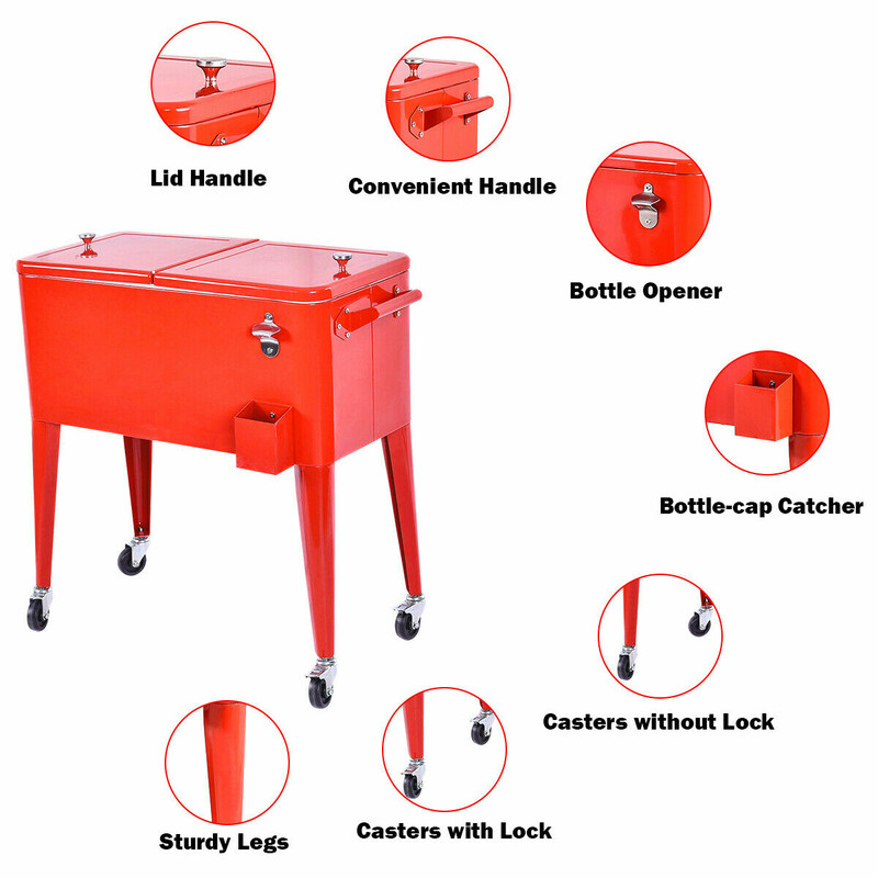 Drikkekøletaske 76 L metal rød med hjul flaskeåbner til udendørs arrangementer