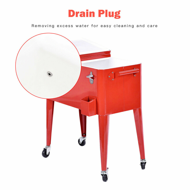 Drikkekøletaske 76 L metal rød med hjul flaskeåbner til udendørs arrangementer