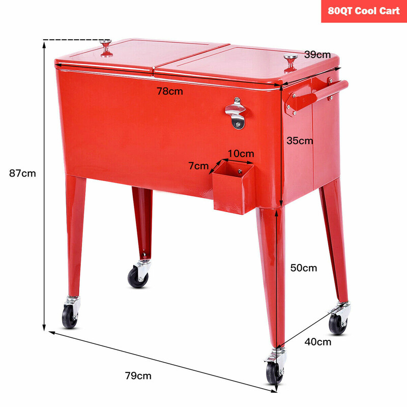 Drikkekøletaske 76 L metal rød med hjul flaskeåbner til udendørs arrangementer