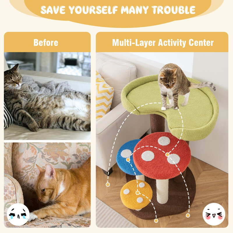 Klatretræ til kat 5 niveauer 94 cm svampdesign med sisalstolper og teddystof