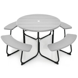 Picnicbord metal HDPE 110 cm 4 bænke 8 personer parasolhul grå