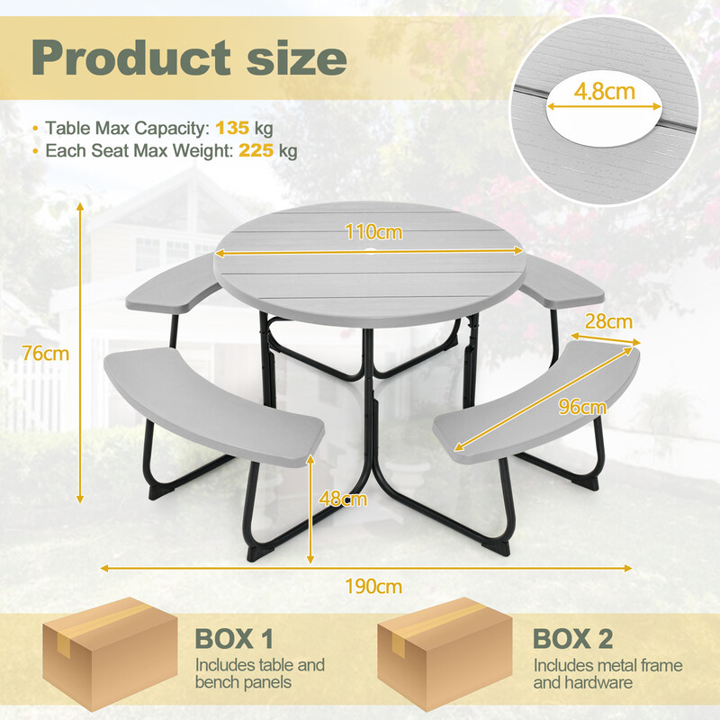 Picnicbord metal HDPE 110 cm 4 bænke 8 personer parasolhul grå