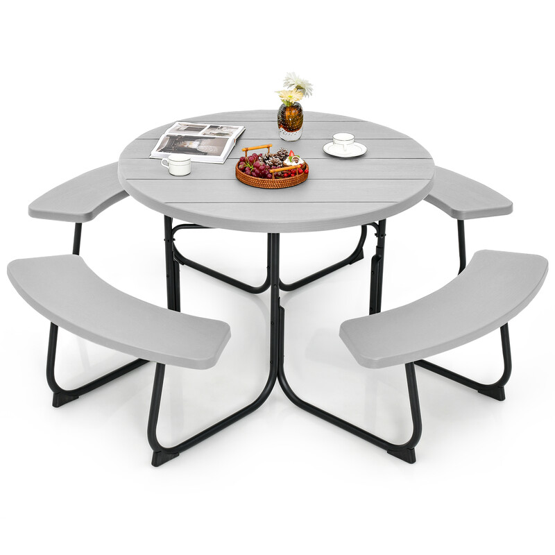 Picnicbord metal HDPE 110 cm 4 bænke 8 personer parasolhul grå