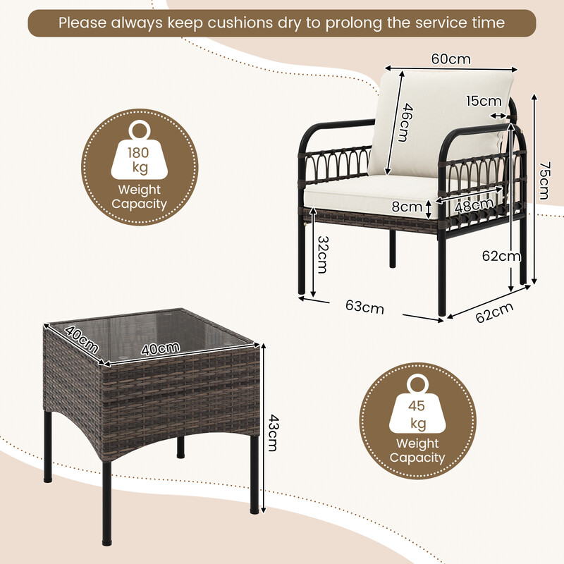 Bistroset af PE-rotting med glasbord to stole og puder til udendørs balkon