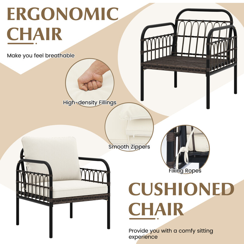 Bistroset af PE-rotting med glasbord to stole og puder til udendørs balkon