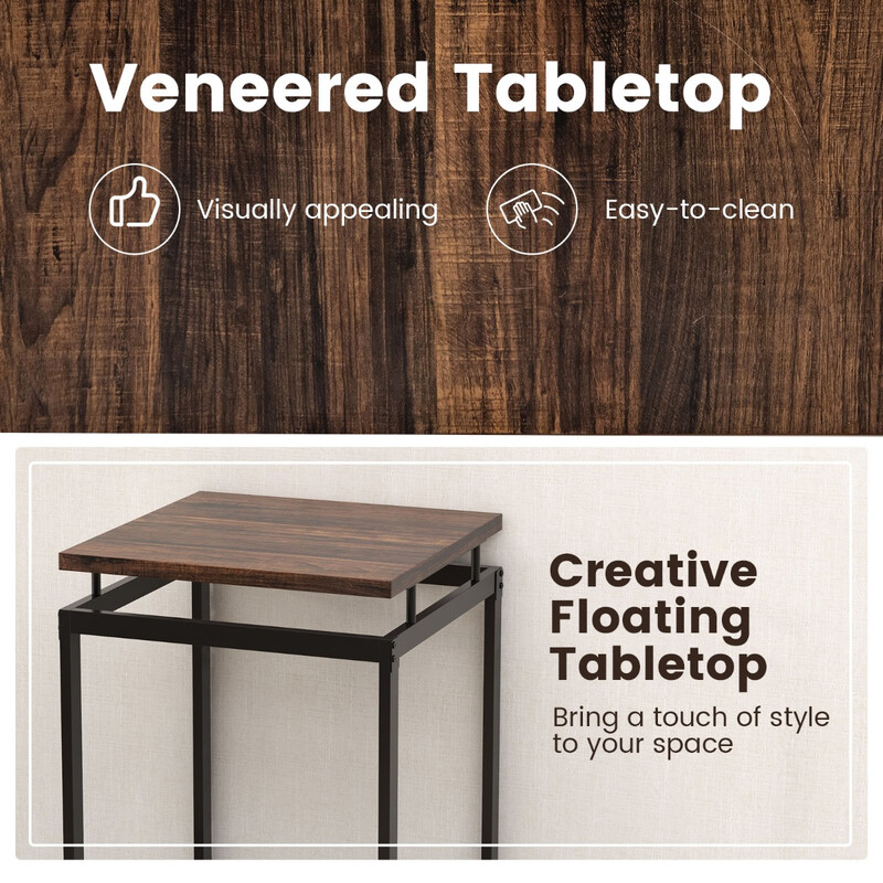 Barbord i rustik brun metal 60x60 cm med 2 industrielle barstole