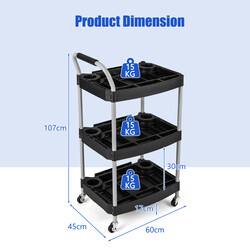 Værktøjsvogn sort metal med tre niveauer fire hjul 60x45x107 cm