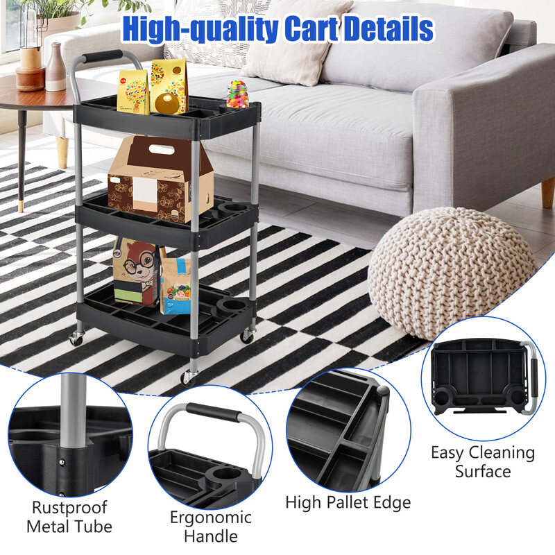 Værktøjsvogn sort metal med tre niveauer fire hjul 60x45x107 cm