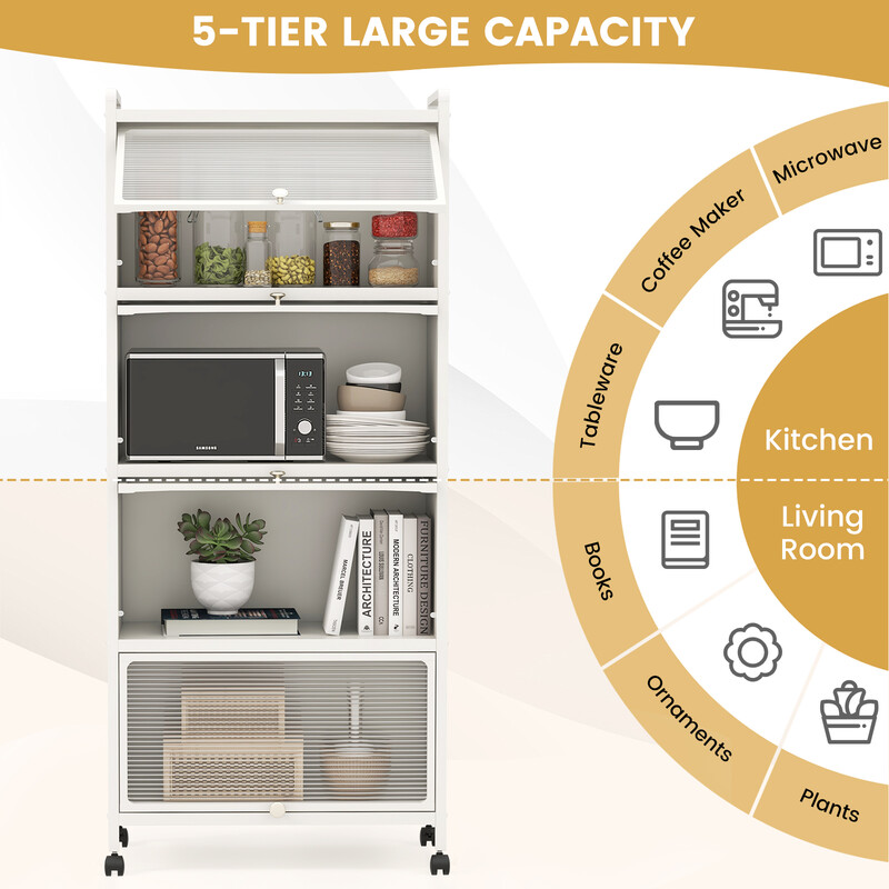Sort køkkenopbevaringshylde med fire hjul fem hylder 60x32x154 cm