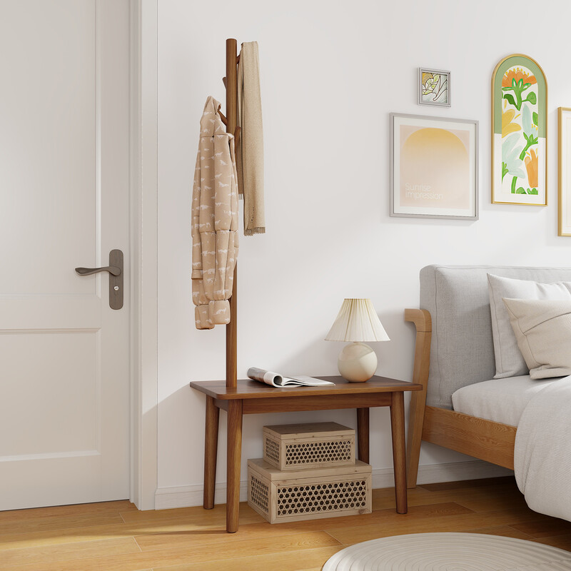 Sidebord med tøjhanger og skobænk gummitræ akacietræ 76x43x168 cm