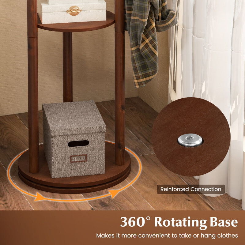 Roterende tøjstativ i gummitræ 42x167 cm med 3 hylder og 9 kroge