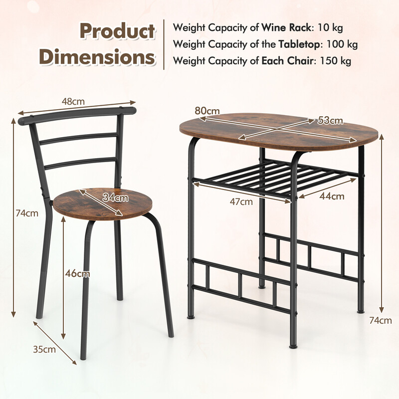 Spisebordssæt MDF/metal brun 80x53 cm med 2 stole til små rum