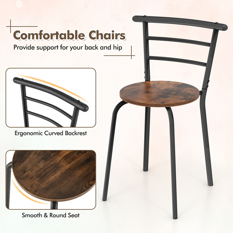 Spisebordssæt MDF/metal brun 80x53 cm med 2 stole til små rum