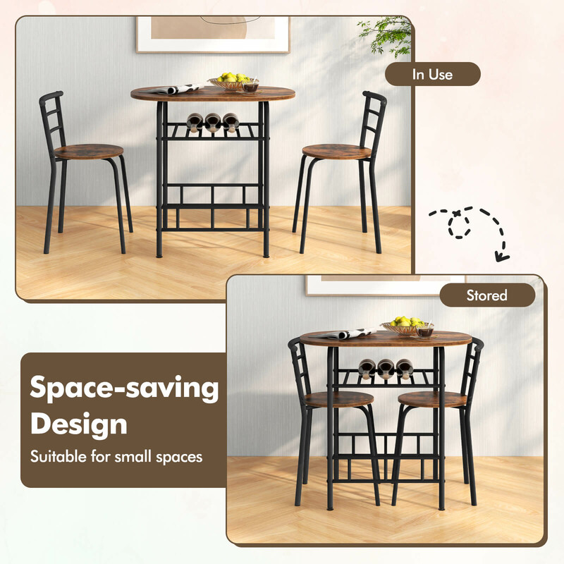 Spisebordssæt MDF/metal brun 80x53 cm med 2 stole til små rum