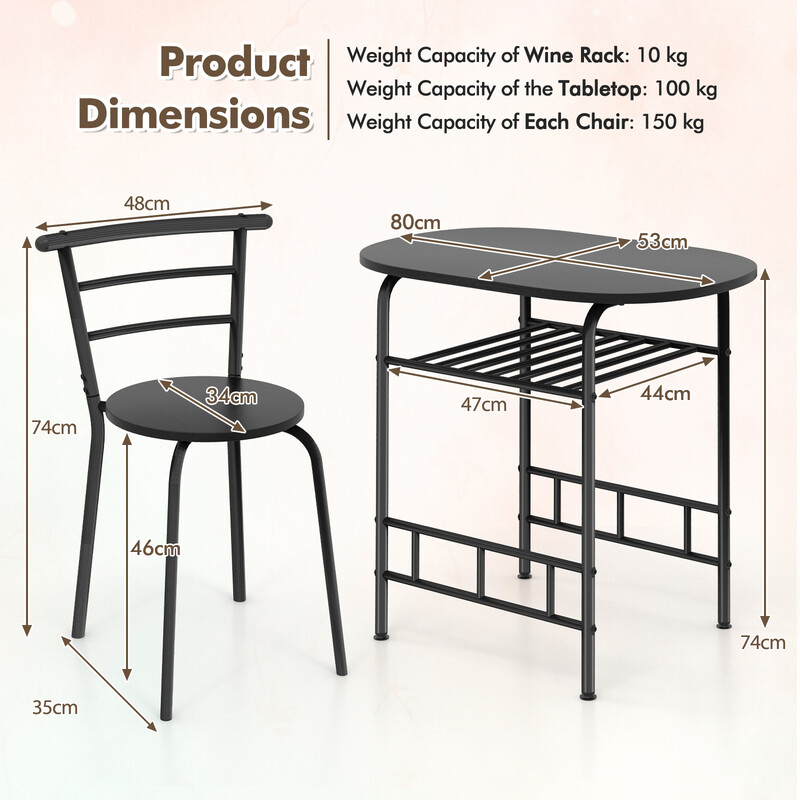 Spisebordssæt MDF metal 80x53 cm sort/brun 2 stole