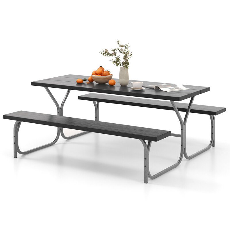 Sort picnicbord med to bænke hdpe 183x73 cm parasolhul udendørs