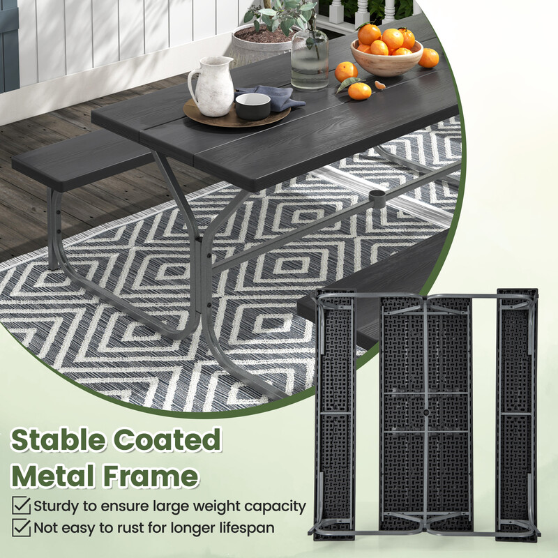 Sort picnicbord med to bænke hdpe 183x73 cm parasolhul udendørs