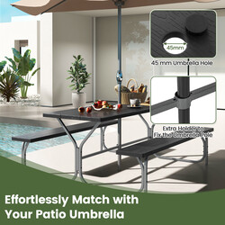 Sort picnicbord med to bænke hdpe 183x73 cm parasolhul udendørs