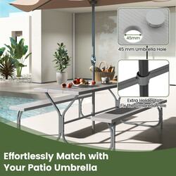 Picknickbord i HDPE grå 183 cm med parasolhul og bænke