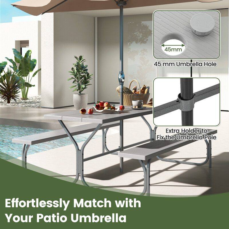 Picknickbord i HDPE grå 183 cm med parasolhul og bænke