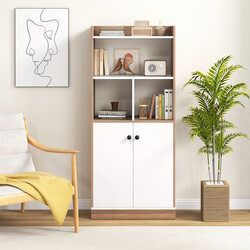 Bogreol 60x30x140 cm hvid og naturlig MDF med dobbelt skab og åbne hylder