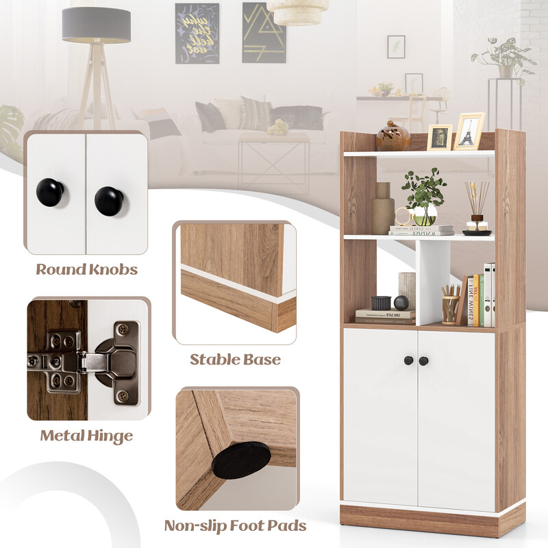 Bogreol 60x30x140 cm hvid og naturlig MDF med dobbelt skab og åbne hylder