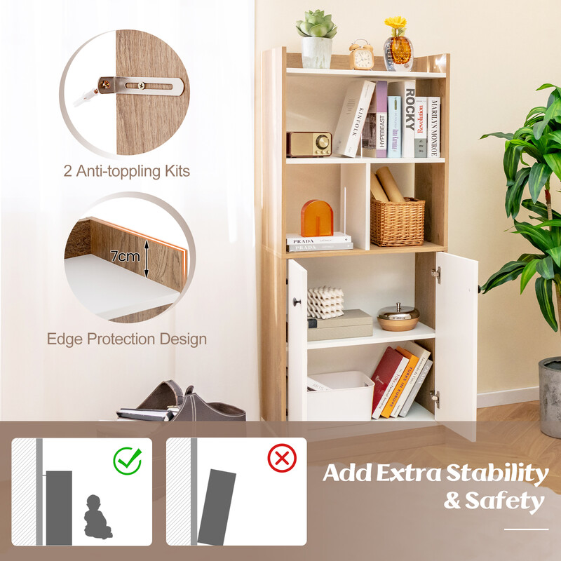 Bogreol 60x30x140 cm hvid og naturlig MDF med dobbelt skab og åbne hylder