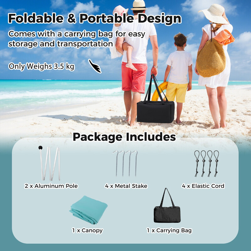 Strandtelt polyester-lycra 300x300 cm turkis solskærm med UPF50+ fire markpæle