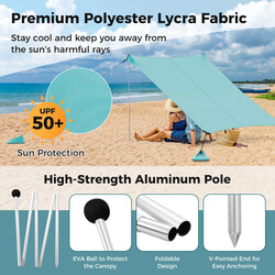 Strandtelt polyester-lycra 300x300 cm turkis solskærm med UPF50+ fire markpæle