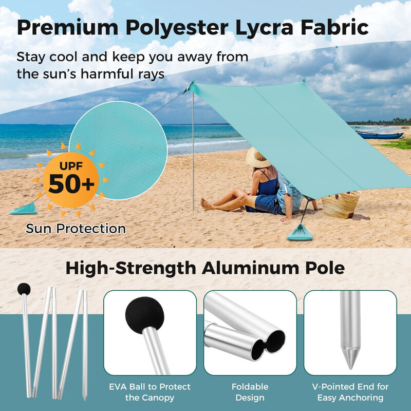 Strandtelt polyester-lycra 300x300 cm turkis solskærm med UPF50+ fire markpæle