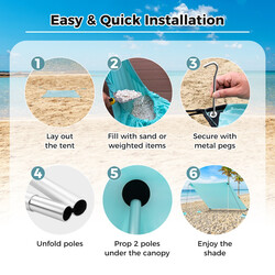 Strandtelt polyester-lycra 300x300 cm turkis solskærm med UPF50+ fire markpæle