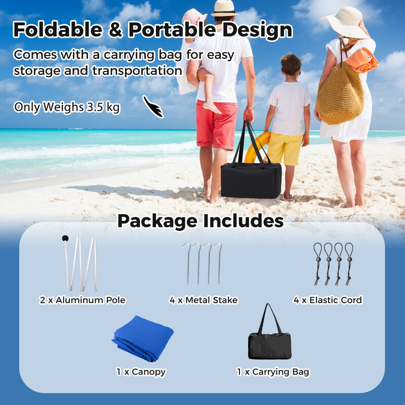 Strandpavillon 300x300 cm blå UV‑beskyttelse UPF 50+ med sandankre og jordpæle