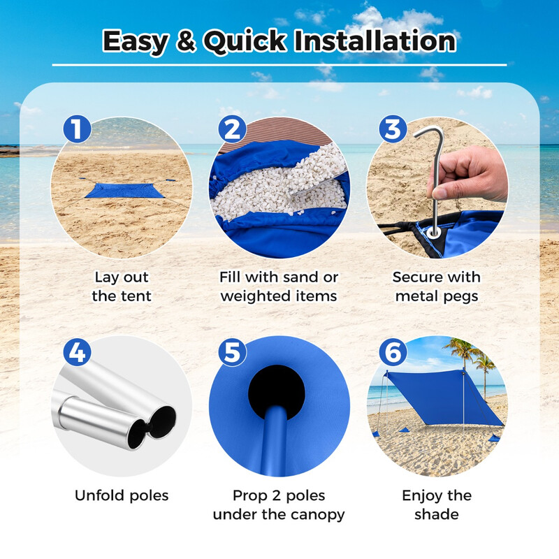 Strandpavillon 300x300 cm blå UV‑beskyttelse UPF 50+ med sandankre og jordpæle