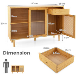 Buffet i bambus med hærdet glas skydedør og rottingskab 120x35x83 cm