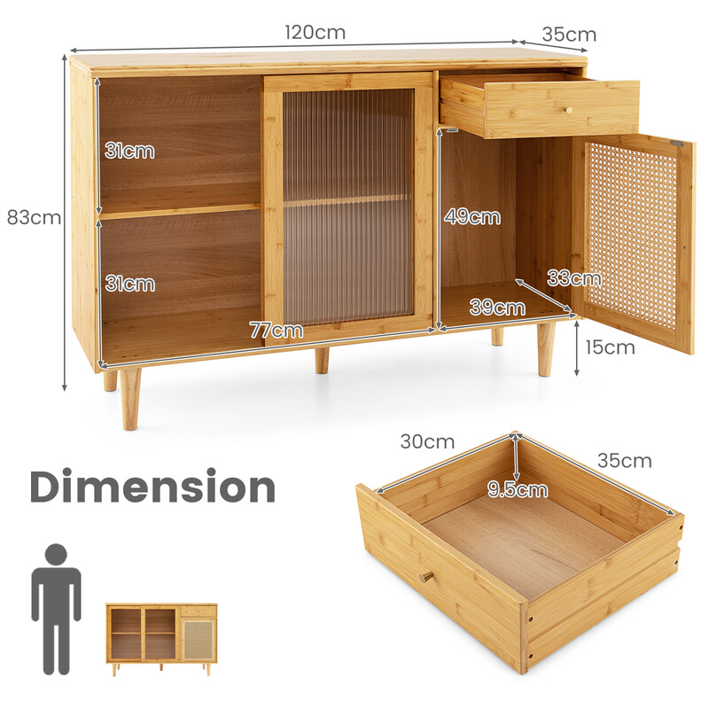Buffet i bambus med hærdet glas skydedør og rottingskab 120x35x83 cm