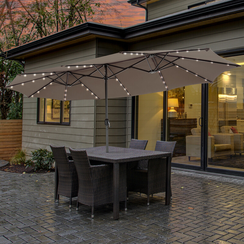 Terrasseparasol dobbelt lag 470 cm brun polyester med 48 LED lamper vev