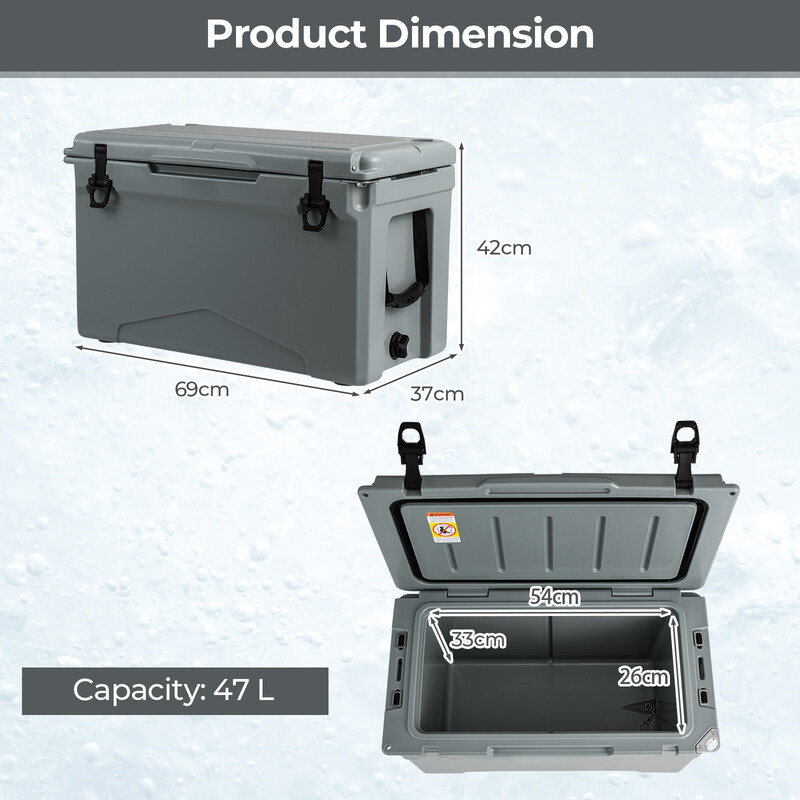Bærbar køleboks 47 L grå med flaskeåbner og dræningssystem til camping