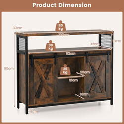 Buffetskab rustik brun trækomposit metal 100x33x80 cm justerbare hylder skydedøre