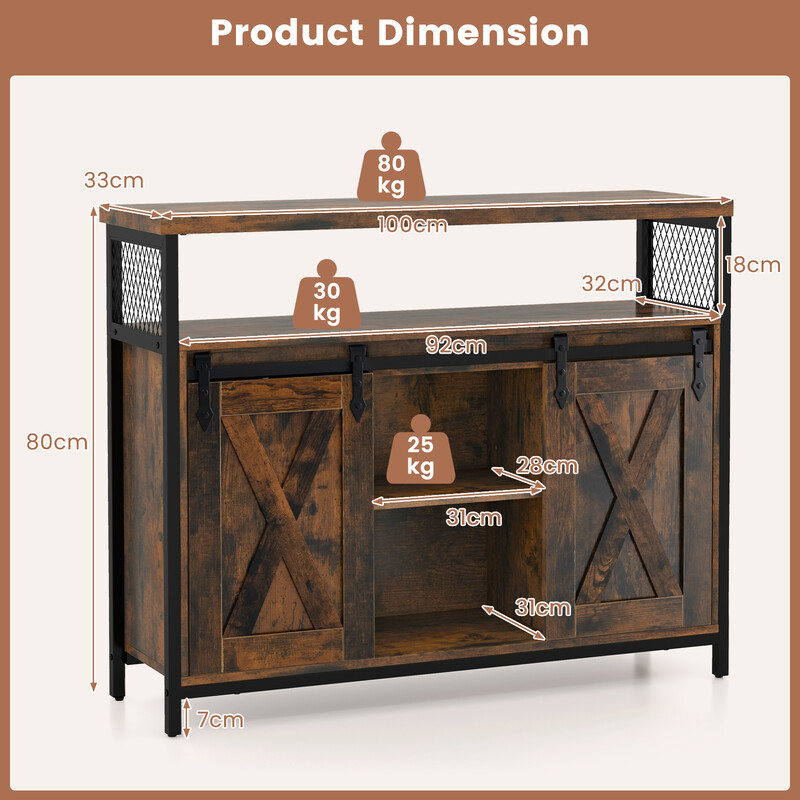 Buffetskab rustik brun trækomposit metal 100x33x80 cm justerbare hylder skydedøre