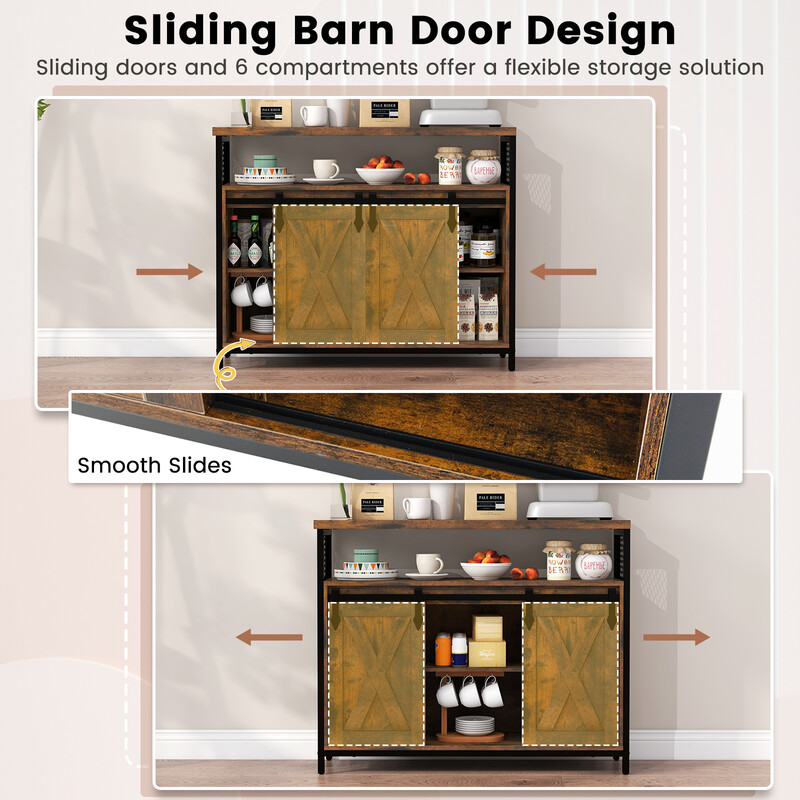 Buffetskab rustik brun trækomposit metal 100x33x80 cm justerbare hylder skydedøre