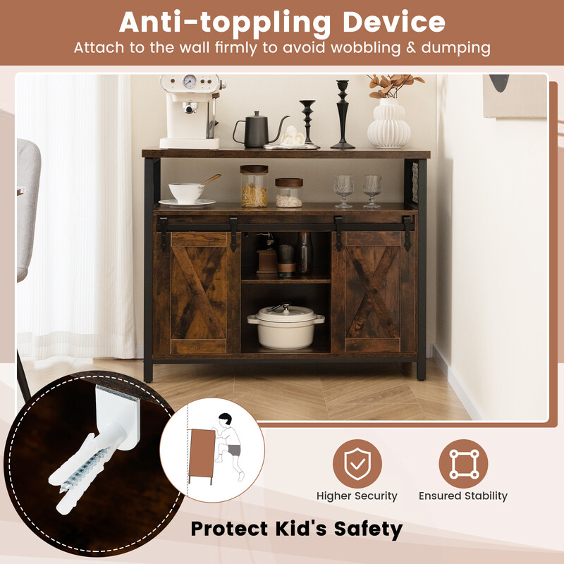 Buffetskab rustik brun trækomposit metal 100x33x80 cm justerbare hylder skydedøre