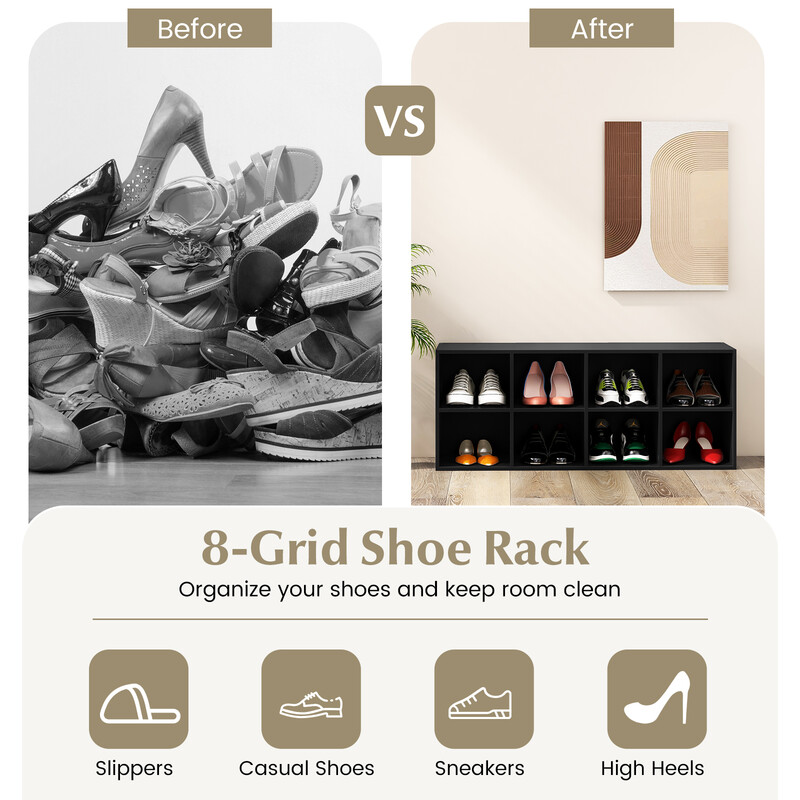 Sort træ skobænk med 8 rum 102x30x41 cm 230 kg belastning