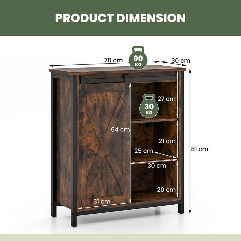 Køkkenskab rustik landlig stil 70x30x81 cm med skydedør og justerbare hylder