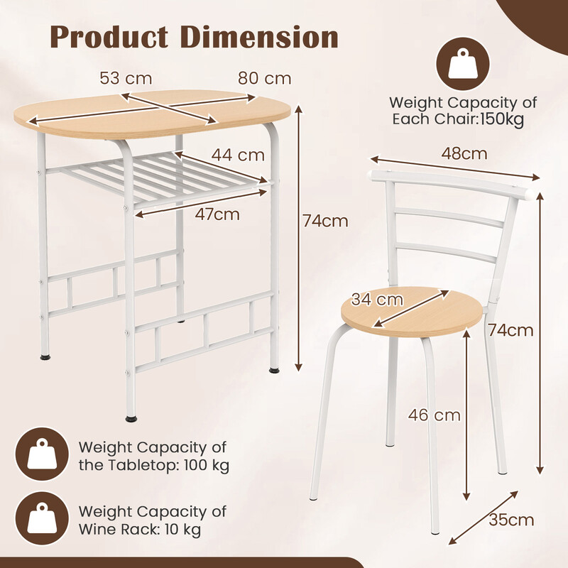 Spisebord med to stole og vinhylde i MDF og metal 80x53 cm