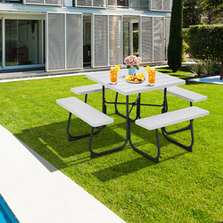 Rundt picknickbord med 4 bænke hvid HDPE 8 personer parasolhul