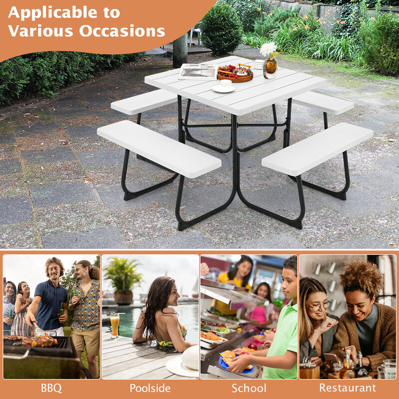 Rundt picknickbord med 4 bænke hvid HDPE 8 personer parasolhul